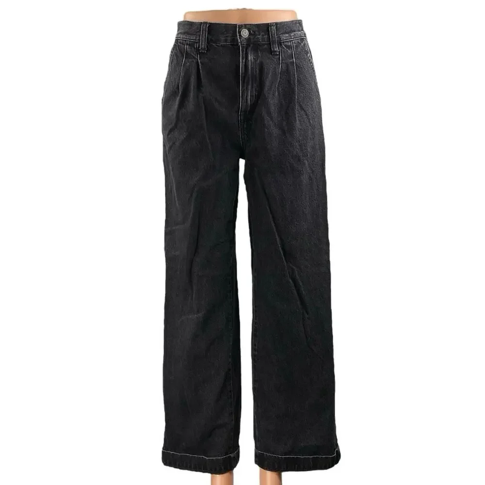 Madewell Baggy Straight Women's Black High Rise Pleated Denim Jeans Size 25